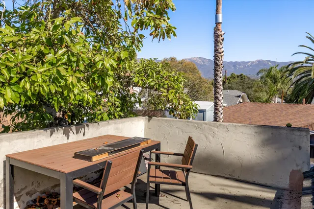 a backyard of a house with table and chairs