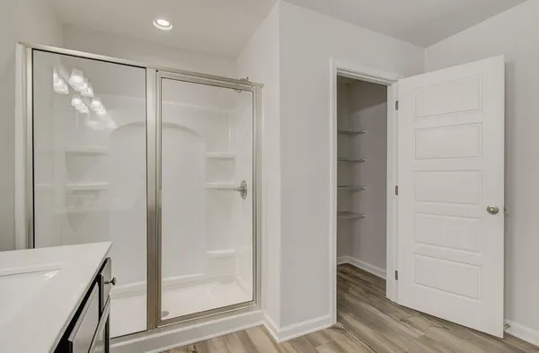 a bathroom with a shower and a sink