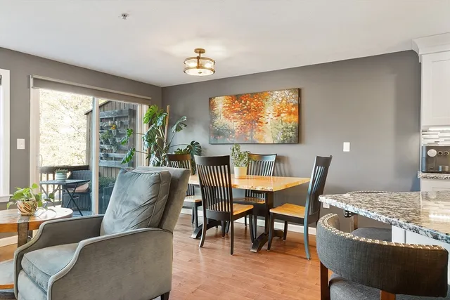a view of a dining room with furniture window and outside view