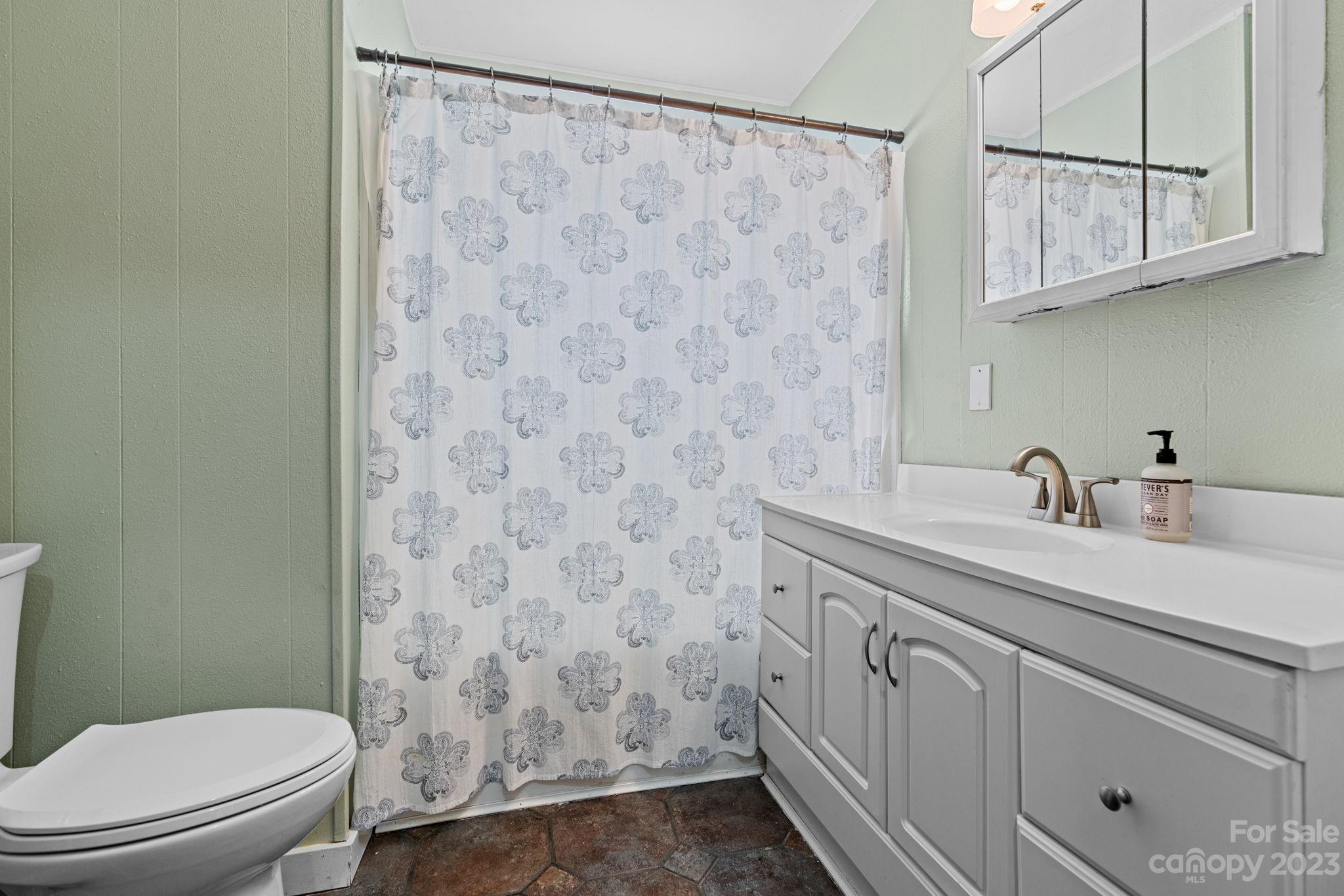 35 Old Fort Road Fairview, NC 28730 - Photo 21 of 30 a bathroom with a granite countertop sink a toilet and a shower