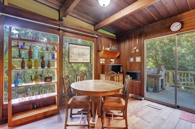 a view of a dining room with furniture window and outside view