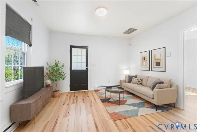a living room with furniture and a potted plant
