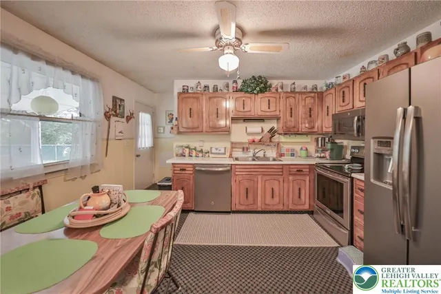 a view of a dining room with furniture