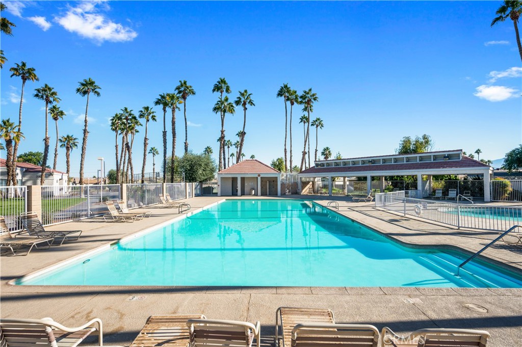 47800 Madison Street, Unit 174 Indio, CA 92201 - Photo 23 of 24 a view of a swimming pool with potted plants and palm trees