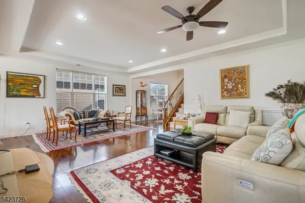 a view of a city with lawn chairs