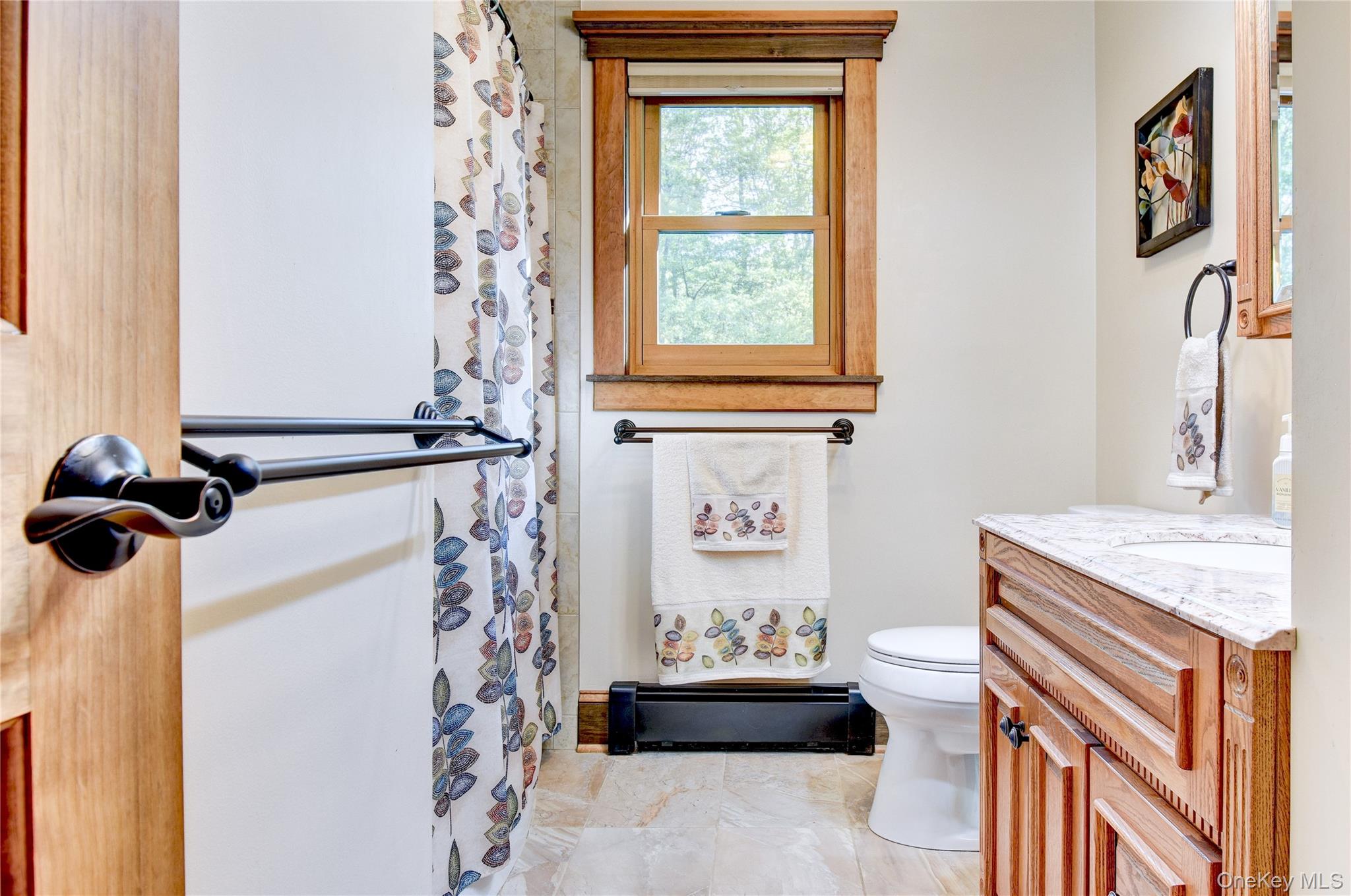 29 Valley View Road Bloomingburg, NY 12721 - Photo 19 of 50 a bathroom with a granite countertop sink a toilet and shower curtain