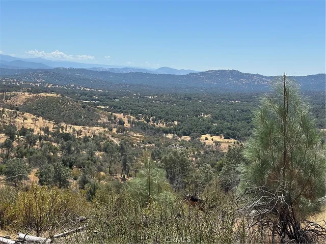 a view of a lush green field with mountains in the background