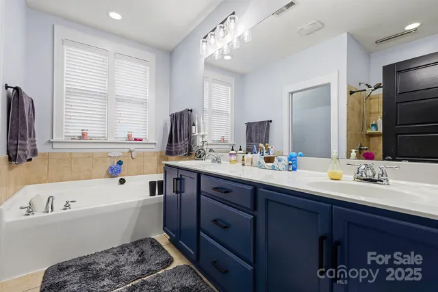 a bathroom with a tub sink and mirror