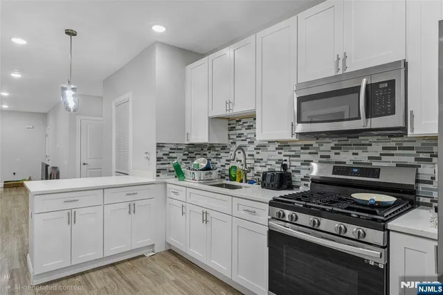 a kitchen with stainless steel appliances a stove a sink cabinets and a wooden floor