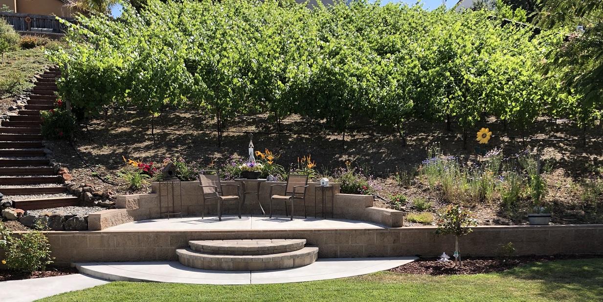 a view of a backyard with fountain