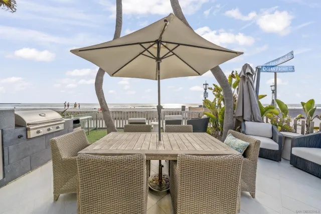 a view of outdoor kitchen with seating area