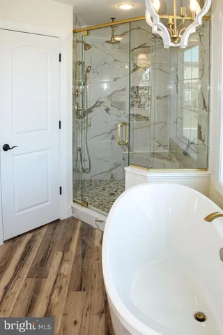 a bathroom with a bathtub and shower