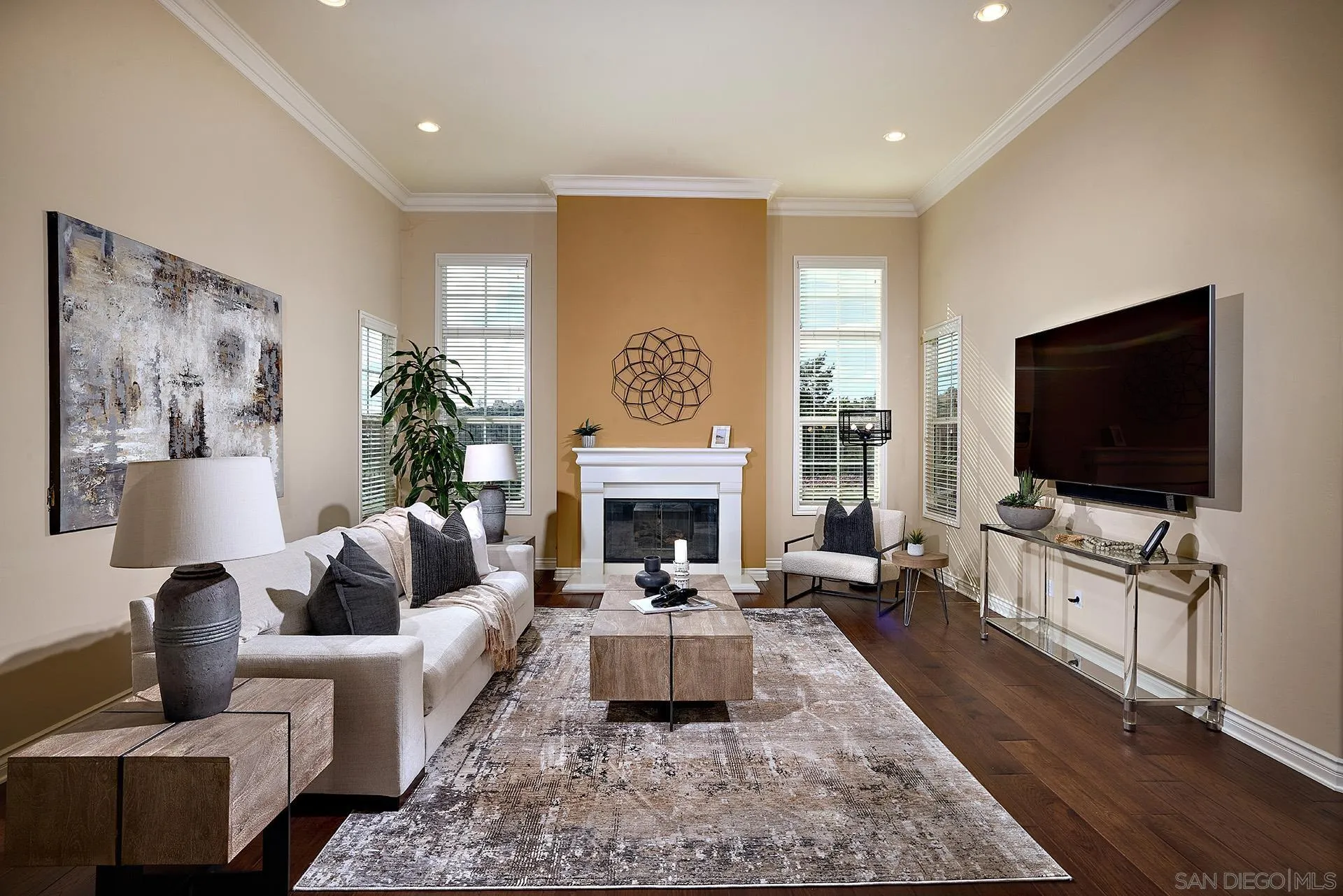 6615 Halite Place Carlsbad, CA 92009 - Photo 7 of 56 a living room with furniture a flat screen tv and a fireplace
