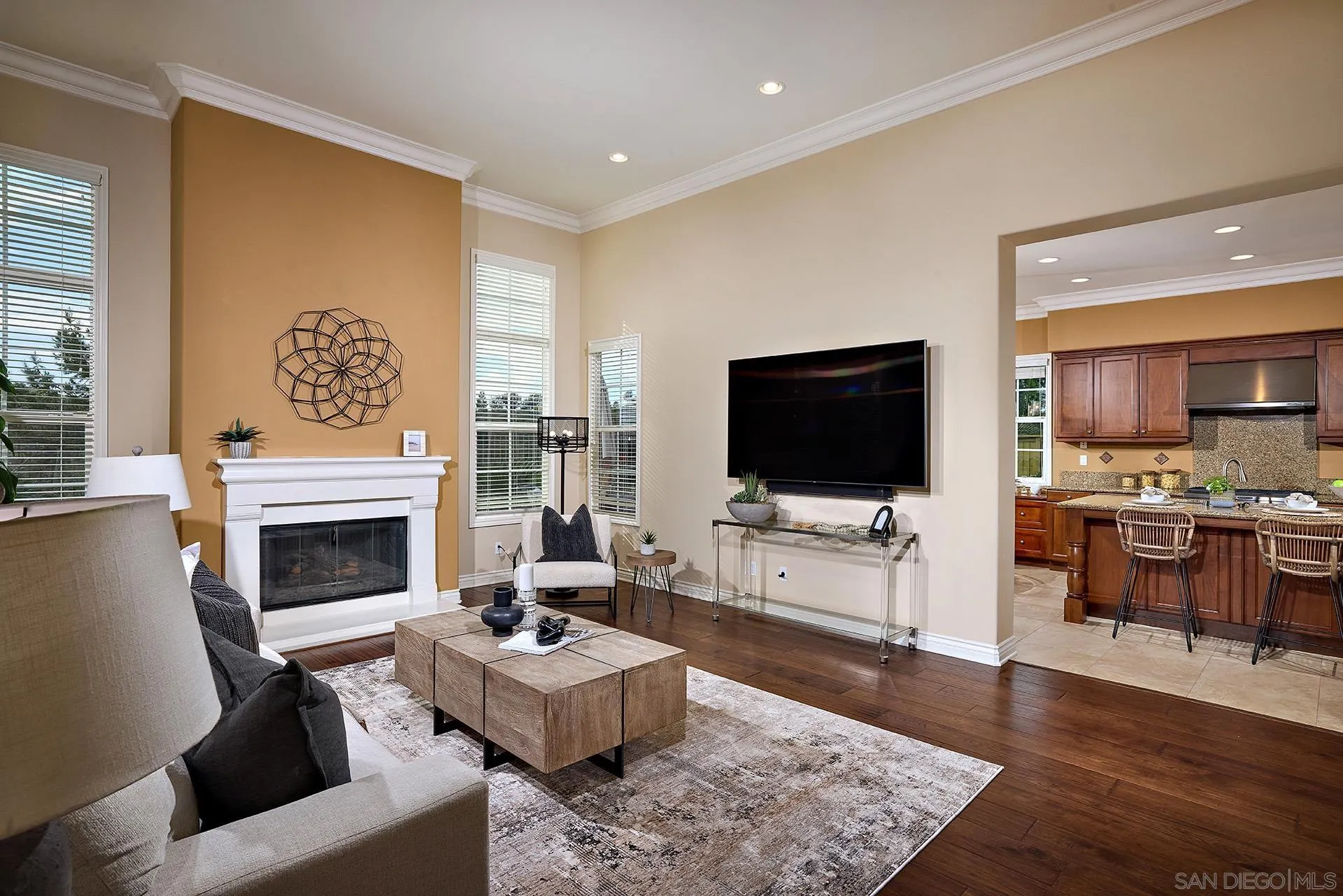 6615 Halite Place Carlsbad, CA 92009 - Photo 9 of 56 a living room with furniture a flat screen tv and a fireplace