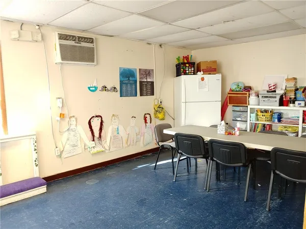 a view of a dining room with furniture