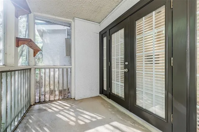 a view of a balcony from a window