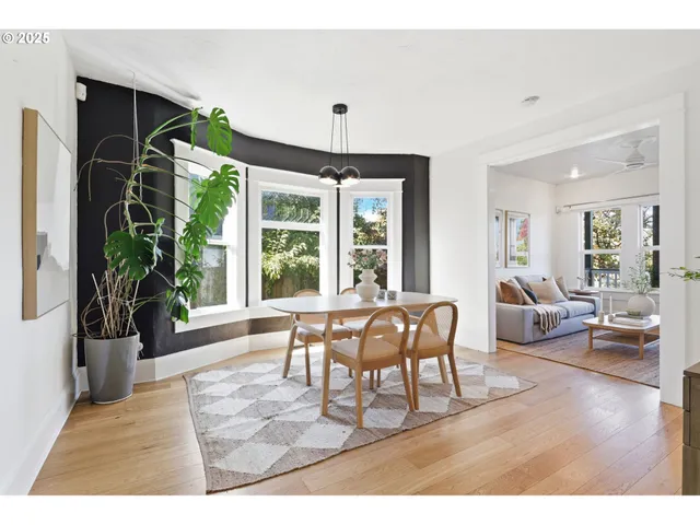 a view of a dining room with furniture window and wooden floor
