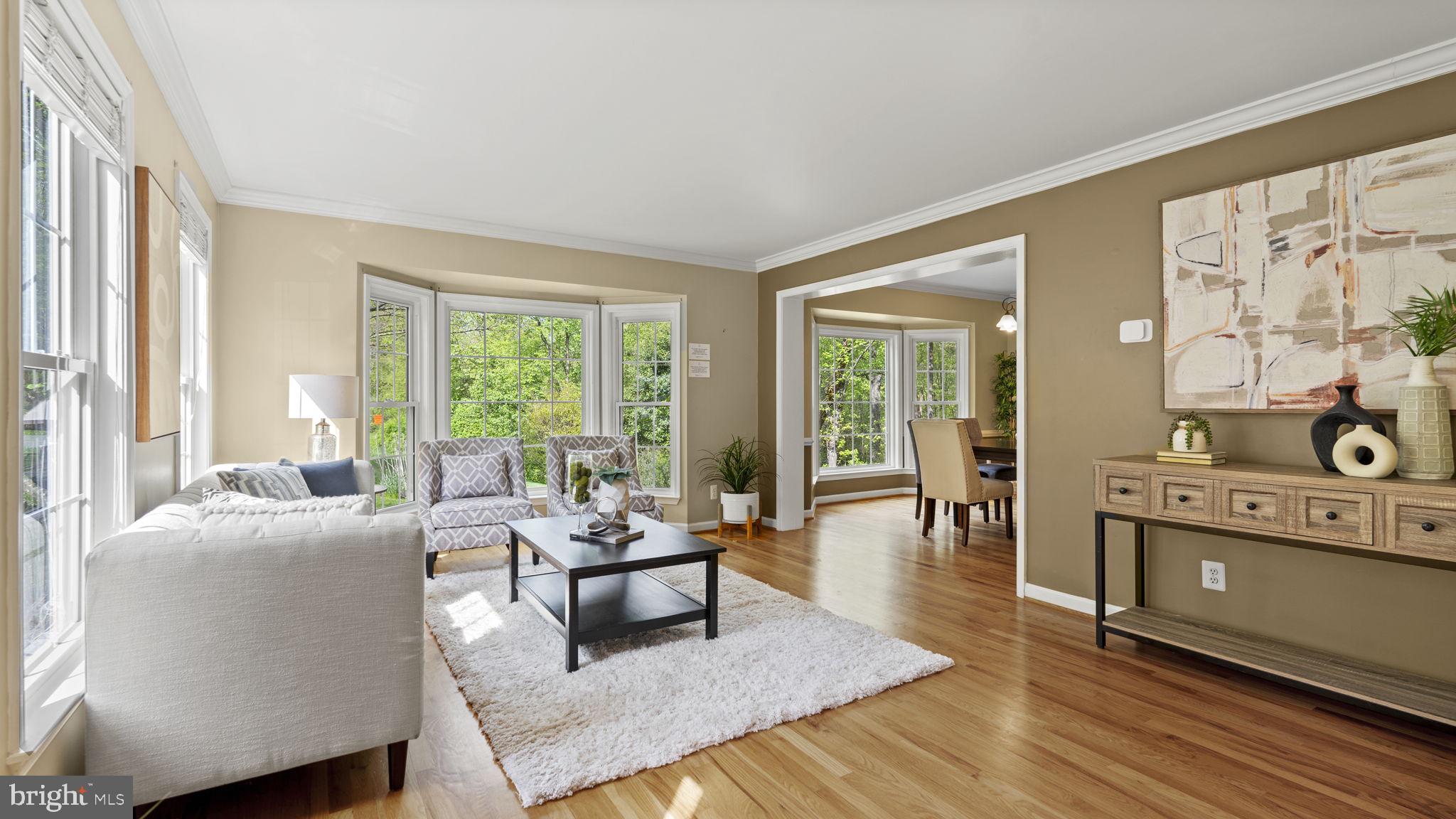 Bay windows look out to parkland