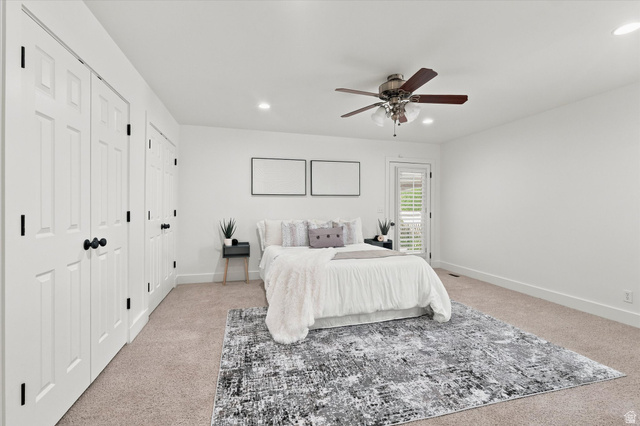 689 Apple Drive Logan, UT 84321 - Photo 18 of 52 Bedroom featuring plush carpeting, recessed lighting, and a ceiling fan