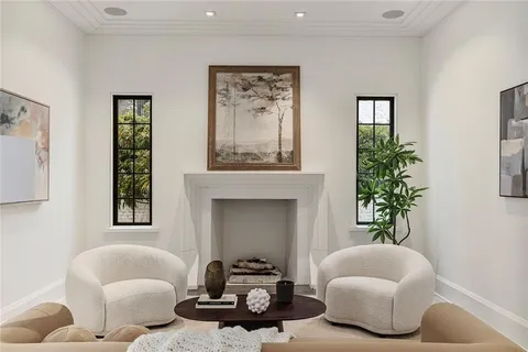 a living room with furniture and a potted plant