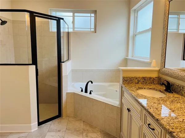 a bathroom with a granite countertop sink and a large mirror