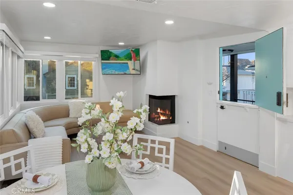 a living room with furniture potted plant and a fireplace