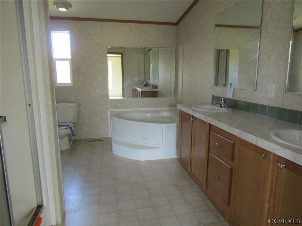 17622 Fox Branch Road Carson, VA 23830 - Photo 11 of 30 a bathroom with a granite countertop sink a toilet and mirror
