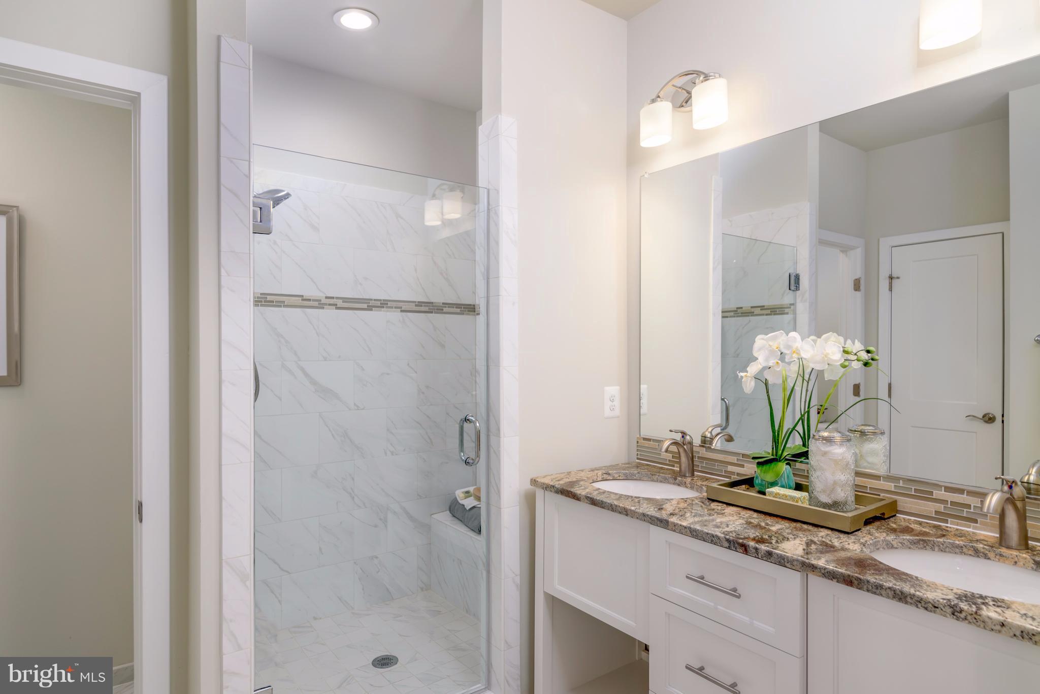1985 Roland Clarke Place Reston, VA 20191 - Photo 14 of 24 a bathroom with a granite countertop sink a mirror and a shower