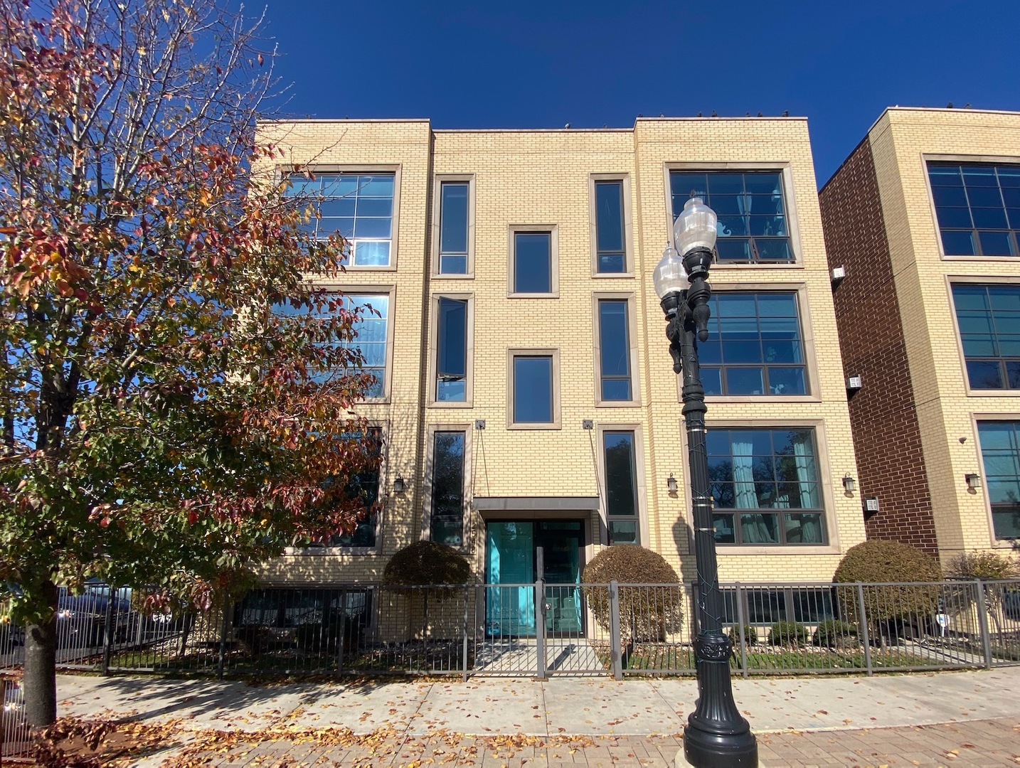 a front view of a building and a street
