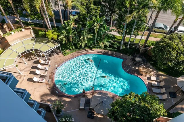 a view of swimming pool with lounge chair and dinning table under an umbrella