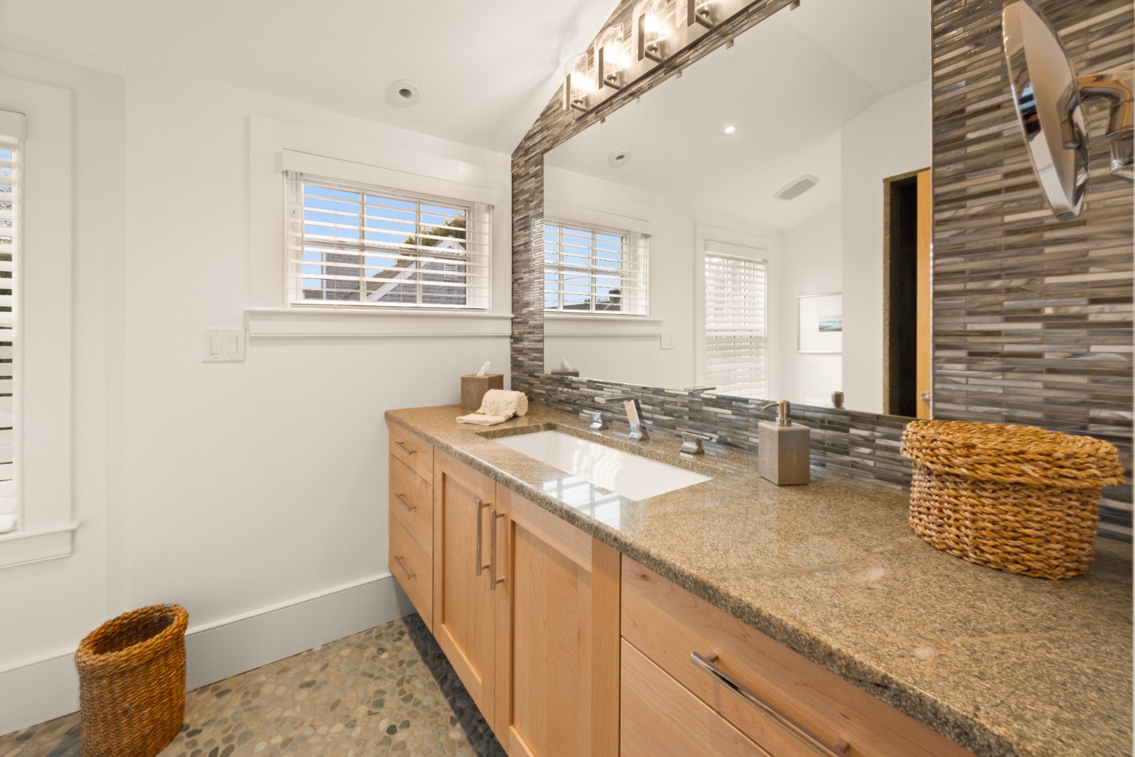 10 Tilton Way Edgartown, MA 02539 - Photo 16 of 37 a bathroom with a granite countertop sink and a mirror