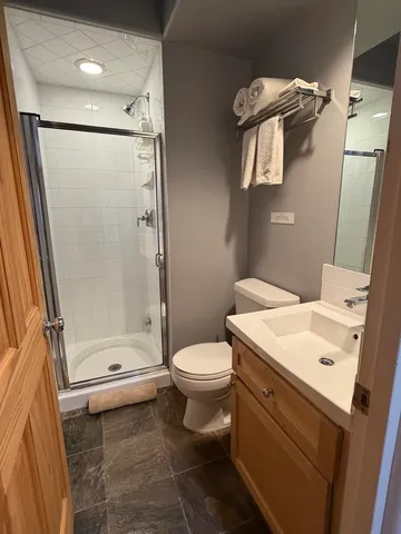 a bathroom with a sink a toilet and shower
