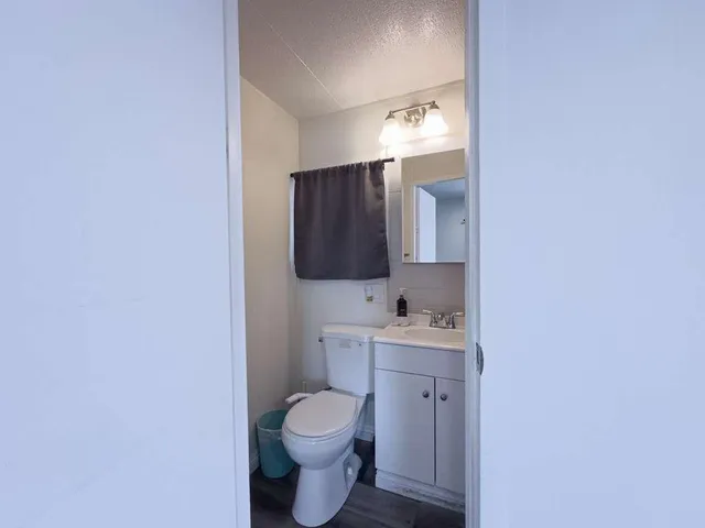 a bathroom with a toilet sink and mirror