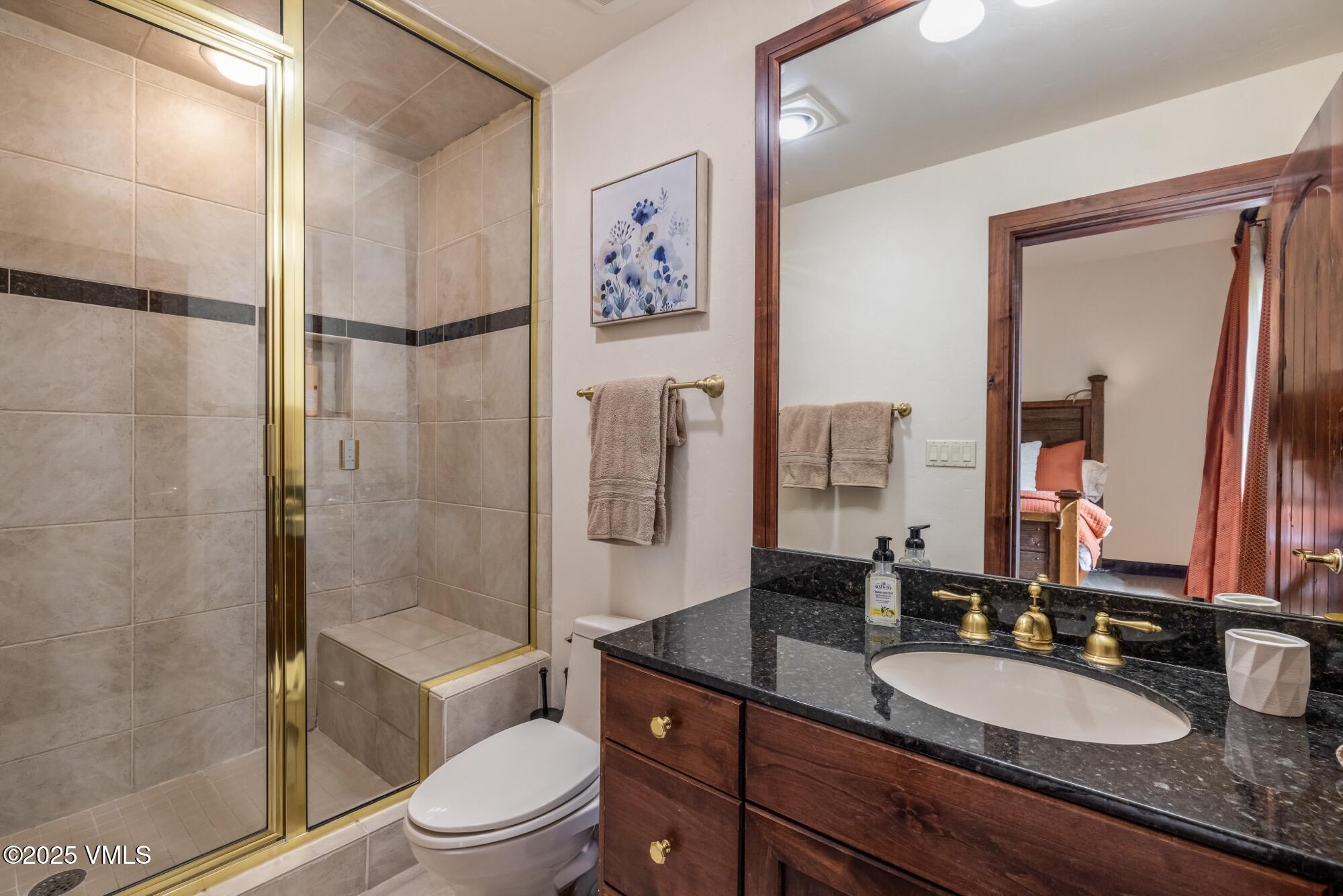 1122 Red Draw Edwards, CO 81632 - Photo 47 of 54 a bathroom with a granite countertop sink toilet a mirror a shower and a mirror