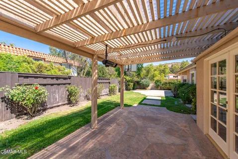 a view of a porch with wooden floor