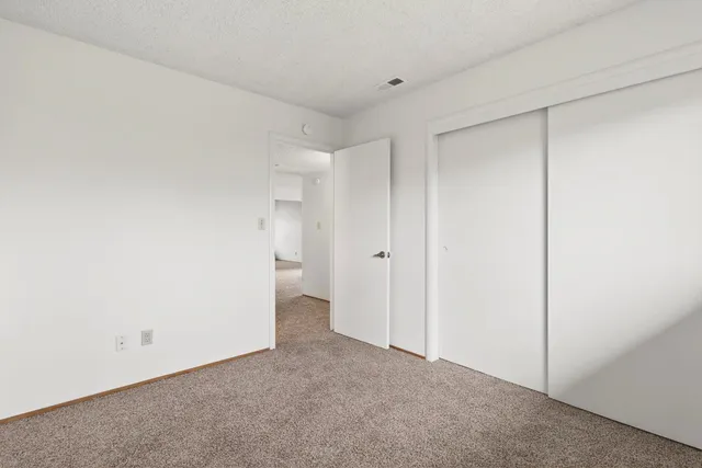 a view of a livingroom with a chandelier fan and closet