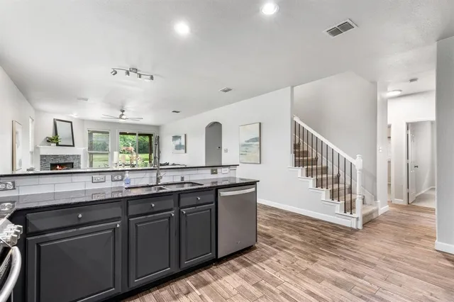 a view of a chairs and tables in a room