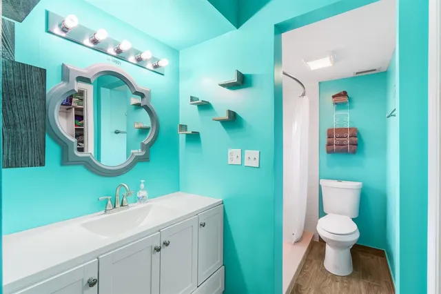a bathroom with a toilet sink and mirror