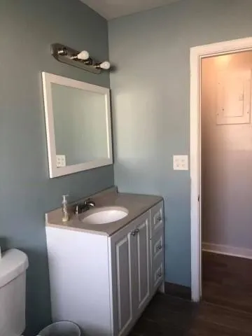 a bathroom with a sink toilet and mirror