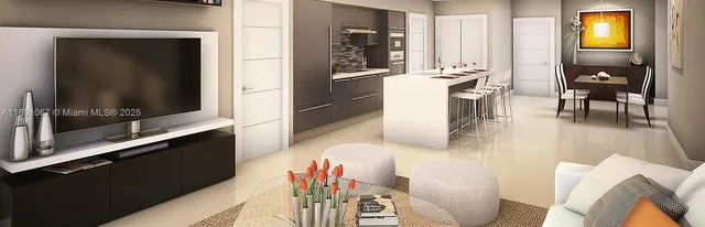 a living room with furniture a flat screen tv and a refrigerator