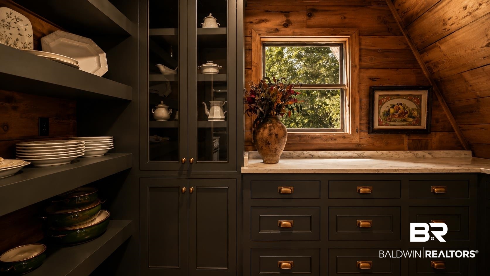 14587 Ridge Road Summerdale, AL 36580 - Photo 16 of 44 Custom built-in cabinetry with glass-front uppers, brass hardware, and open shelving