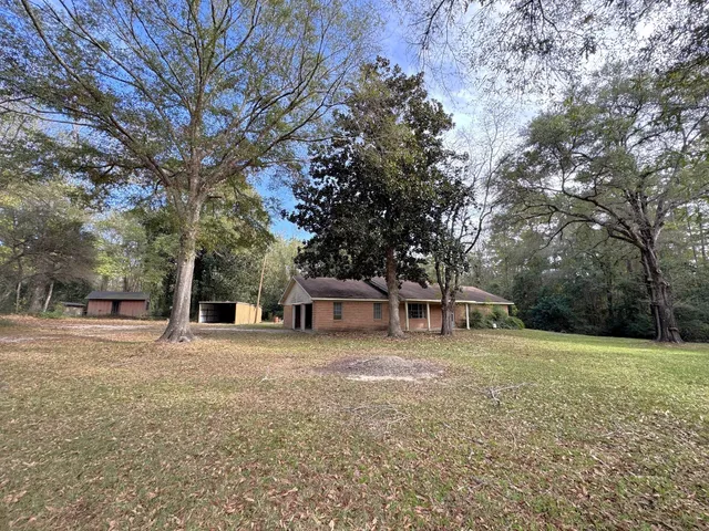 a view of a house with a large tree and a yard