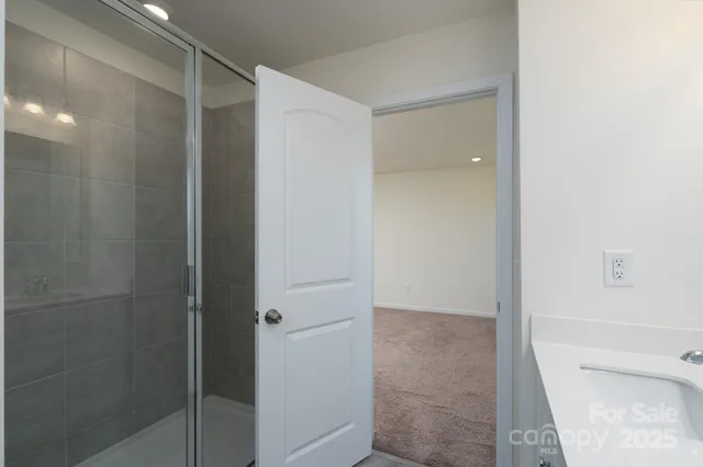 a bathroom with a shower and a toilet