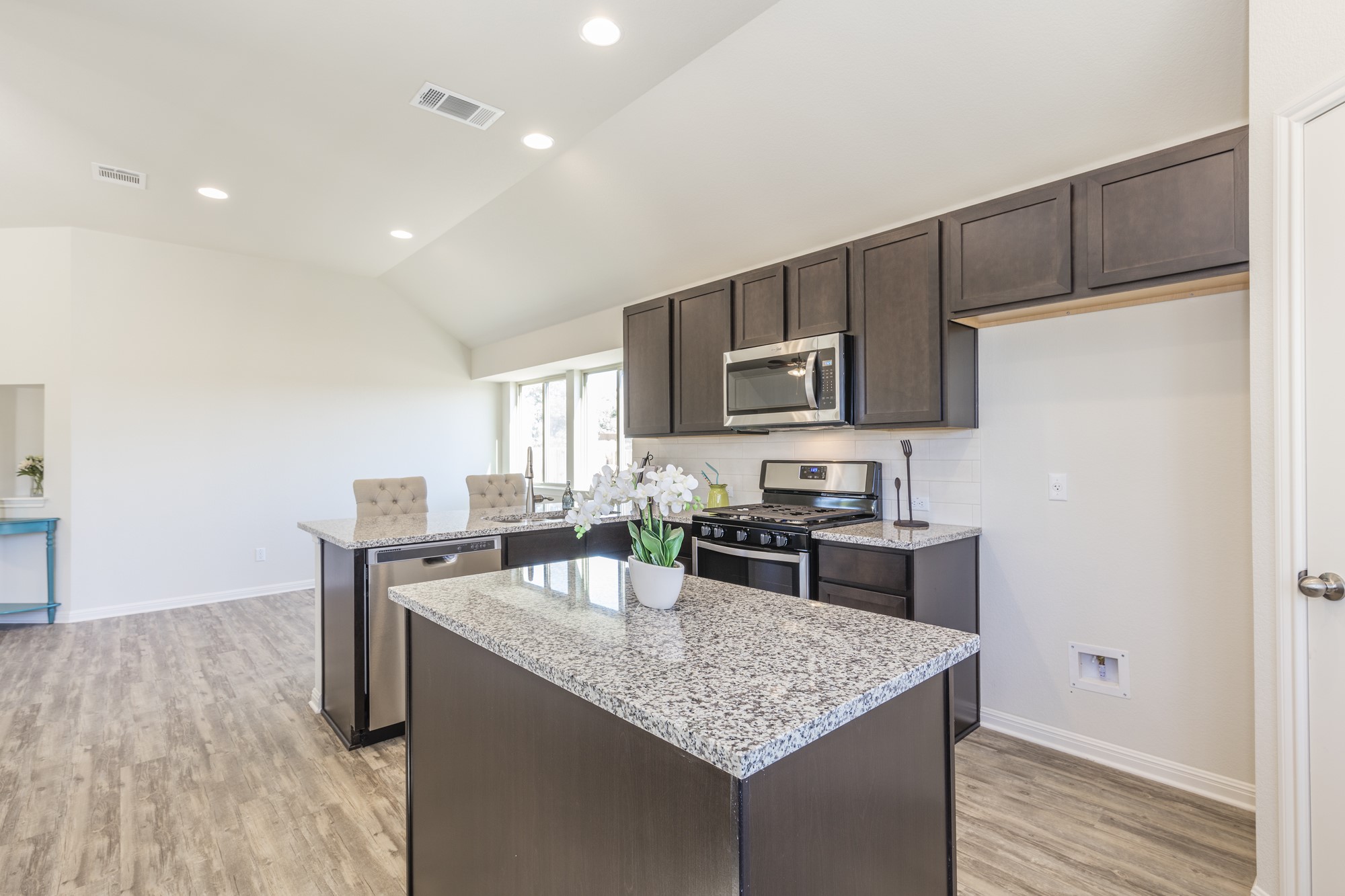 2725 Hopi Path Leander, TX 78641 - Photo 20 of 30 An open concept kitchen boasts granite countertops, modern appliances, and vaulted ceilings, creating an inviting culinary space.