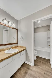 a spacious bathroom with a granite countertop sink and a mirror