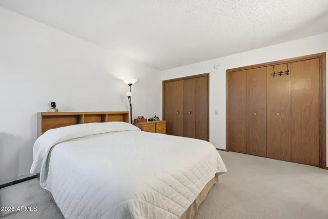 a bedroom with a bed and a closet