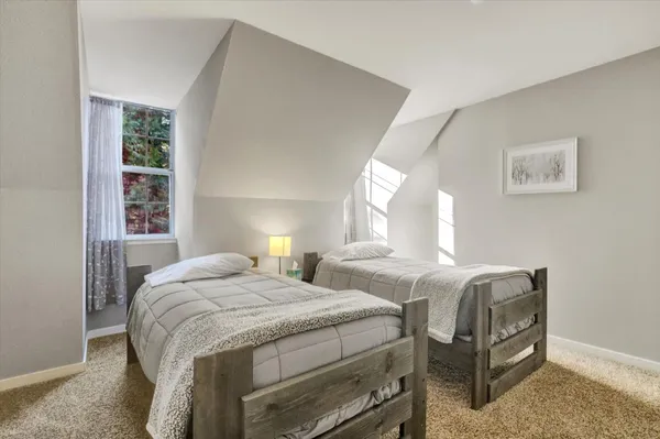 a view of a park with large trees