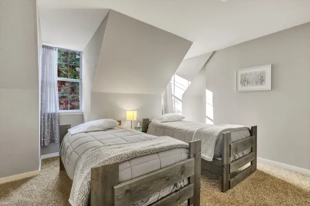 a view of a park with large trees