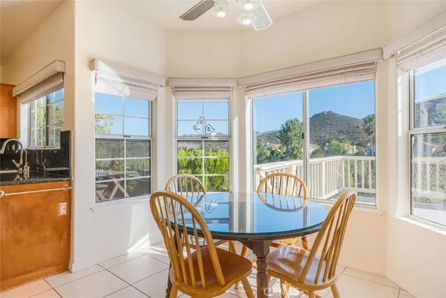 a view of a dining room with furniture window and outside view