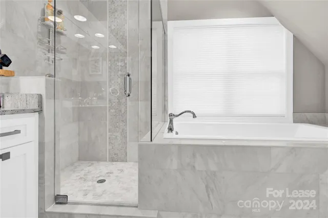 a bathroom with a shower and a bathtub
